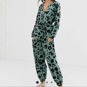 ASOS DESIGN zip front boiler in green animal print